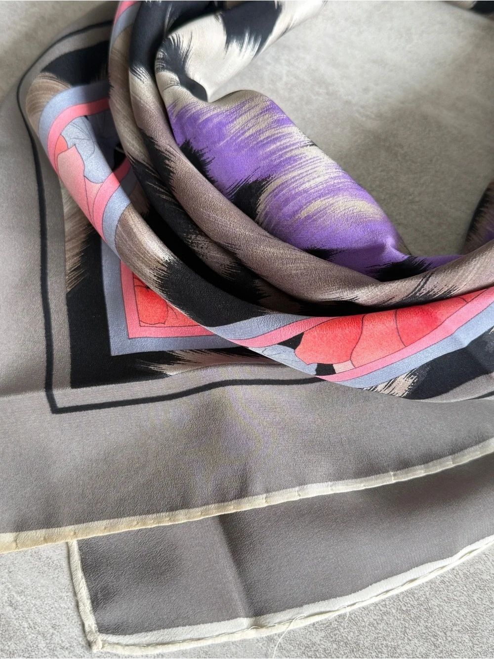 Leonard vintage silk scarf -Print Faux Fur Scarf with Purple Accent - Silk